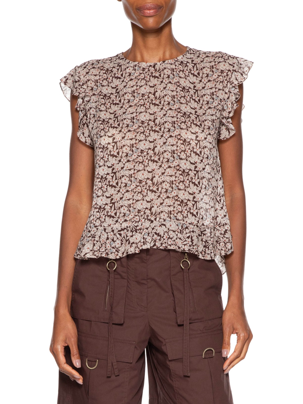 Blusa Feminino De Georgette Leve Estampa Babados Marrom Animale
