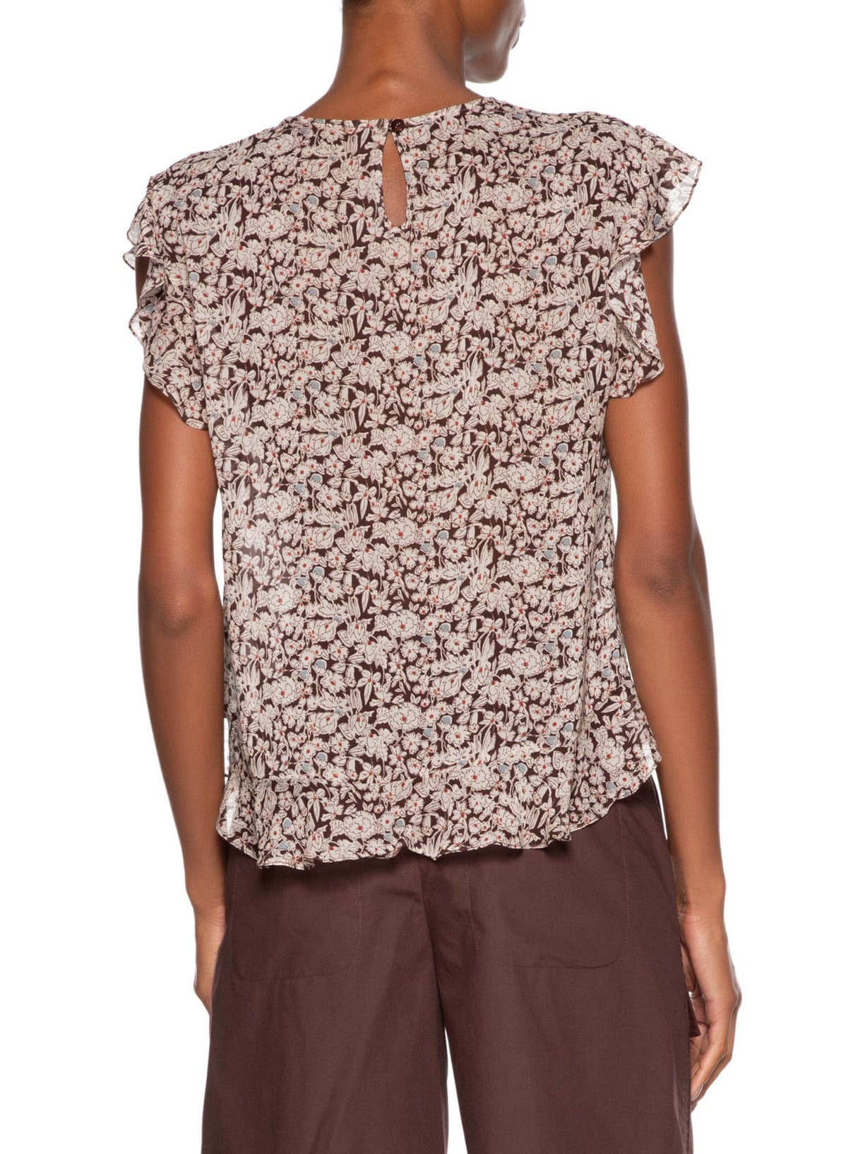 Blusa Feminino De Georgette Leve Estampa Babados Marrom Animale