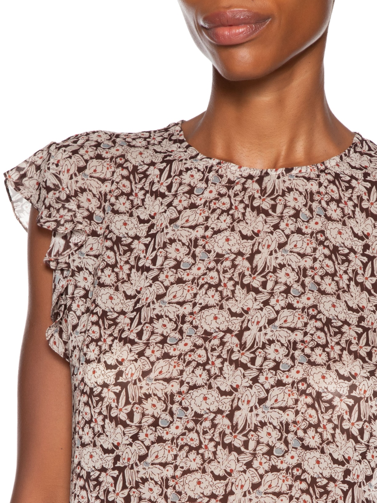 Blusa Feminino De Georgette Leve Estampa Babados Marrom Animale