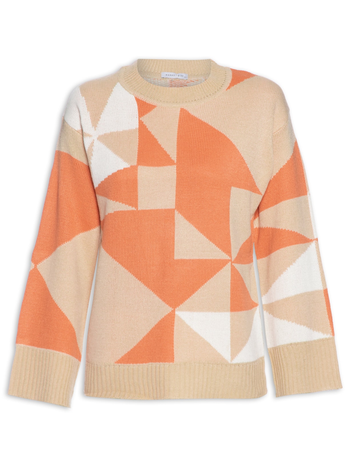 Blusa Feminino Manga Longa De Tricot Com Estampa Geométrica - Bege