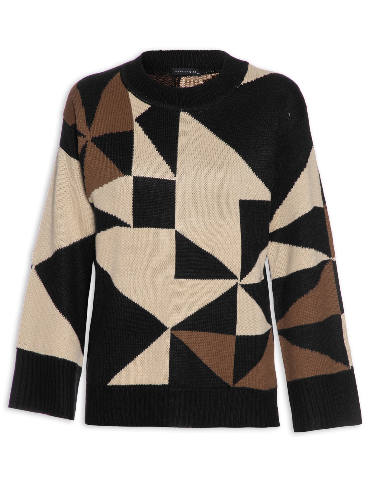 Blusa Feminino Manga Longa De Tricot Com Estampa Geométrica - Preto