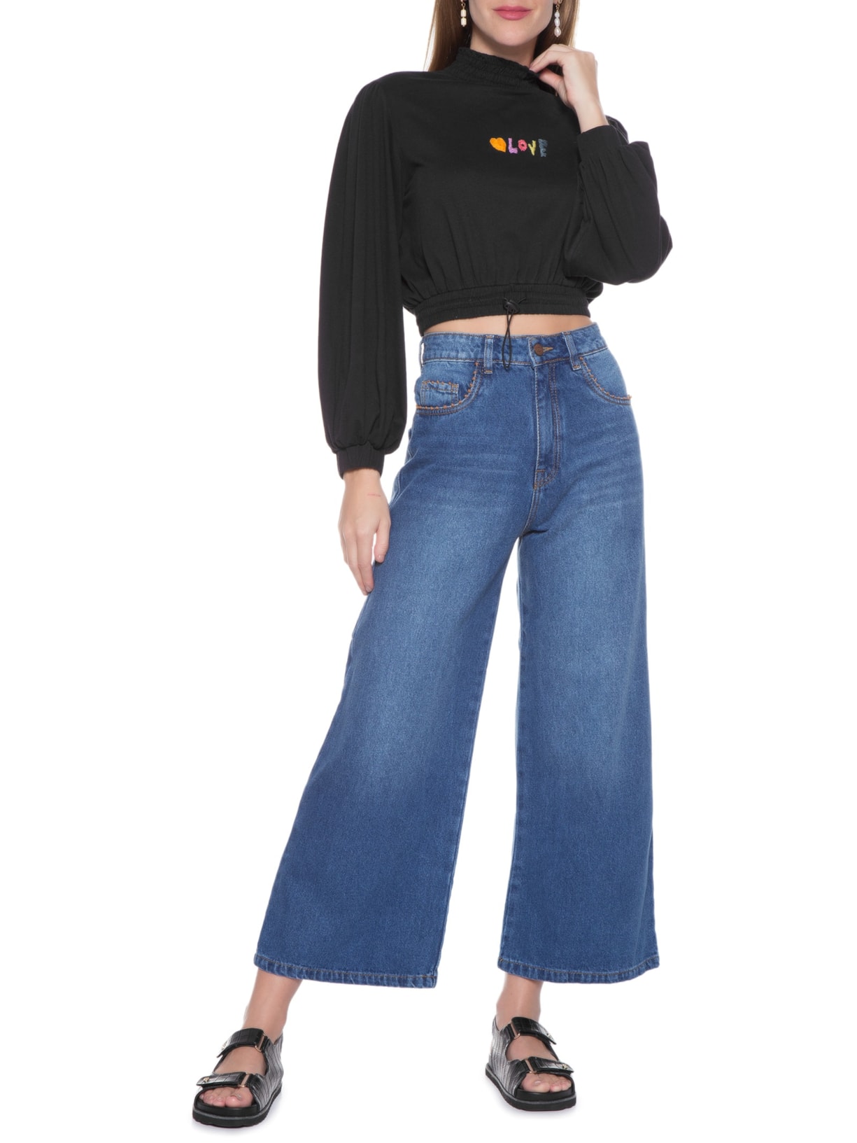 Blusa Gola Lastex Bordado Love Preto Dress To