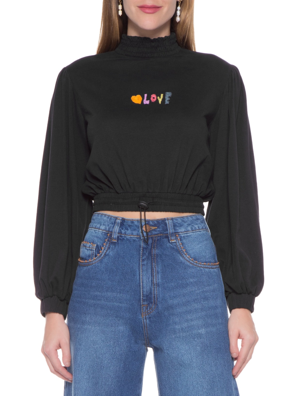 Blusa Gola Lastex Bordado Love Preto Dress To