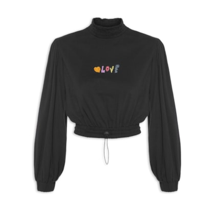 Blusa Gola Lastex Bordado Love - Preto