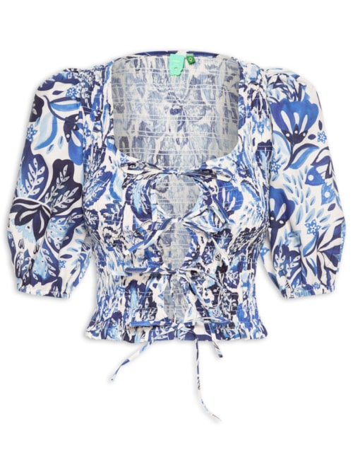Blusa Lastex Manga Paraíso De Flor - Branco