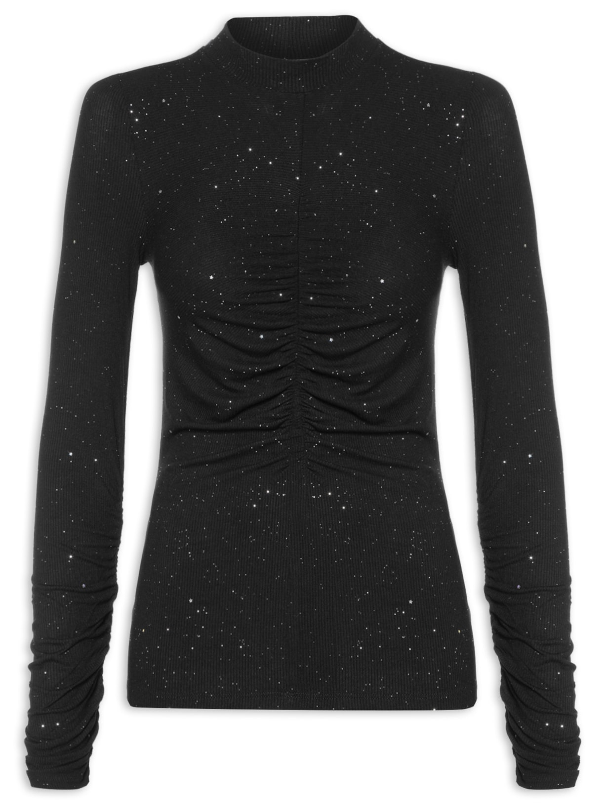 Blusa Malha Feminina Glitter Manga Longa Detalhe - Preto