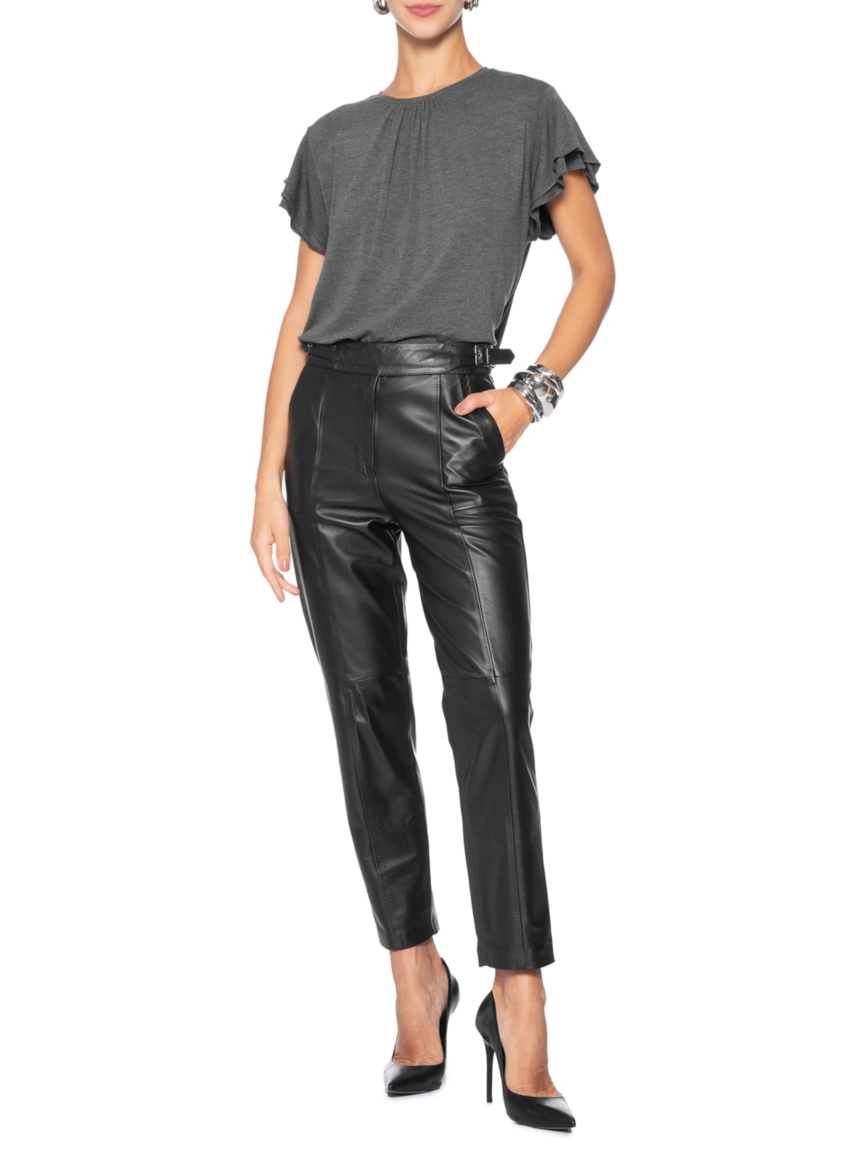Blusa Manga Babado Tricot Mescla Cinza Animale