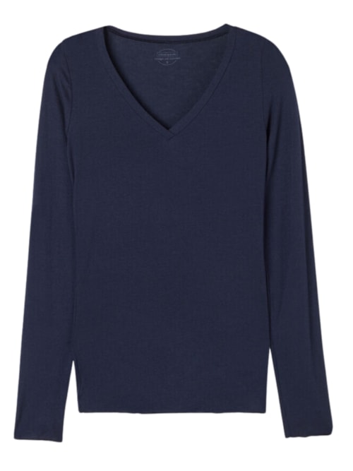 Blusa Manga Comprida Decote Em v Com Cashmere - Azul