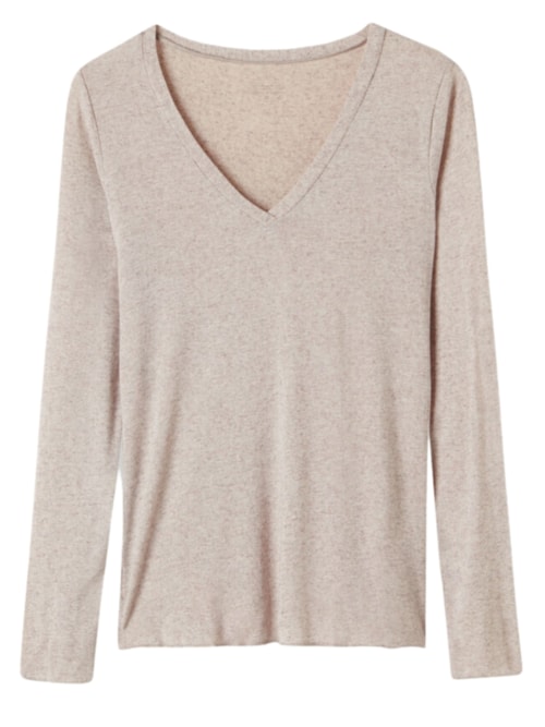 Blusa Manga Comprida Decote Em v Com Cashmere - Bege