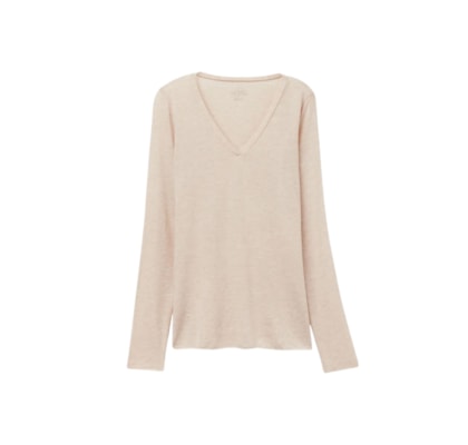 Blusa Manga Comprida Em Cashmere Com Decote Em v - Bege