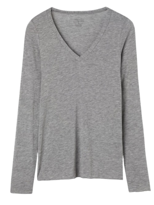 Blusa Manga Comprida Em Cashmere Com Decote Em v - Cinza
