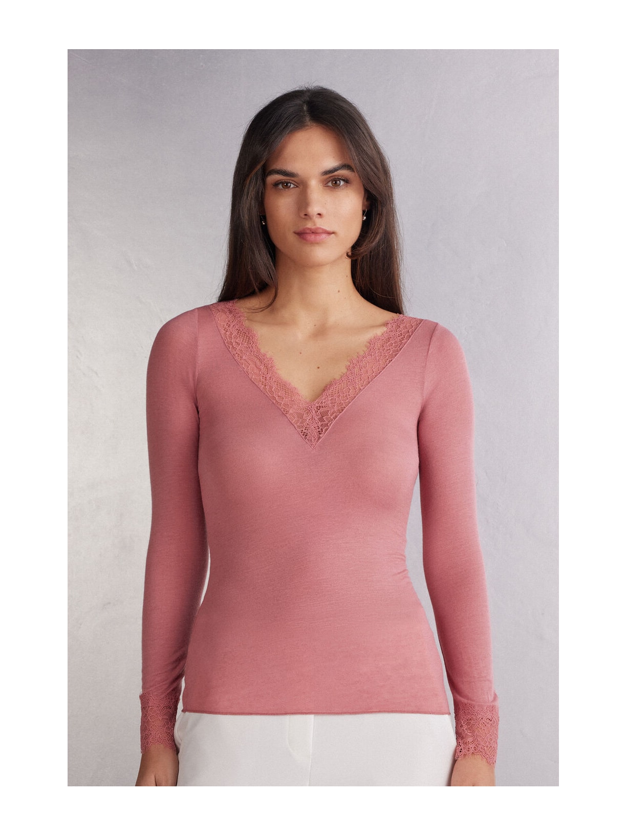 Blusa Manga Comprida Em Cashmere Ultraleve e Renda Rosa Intimissimi