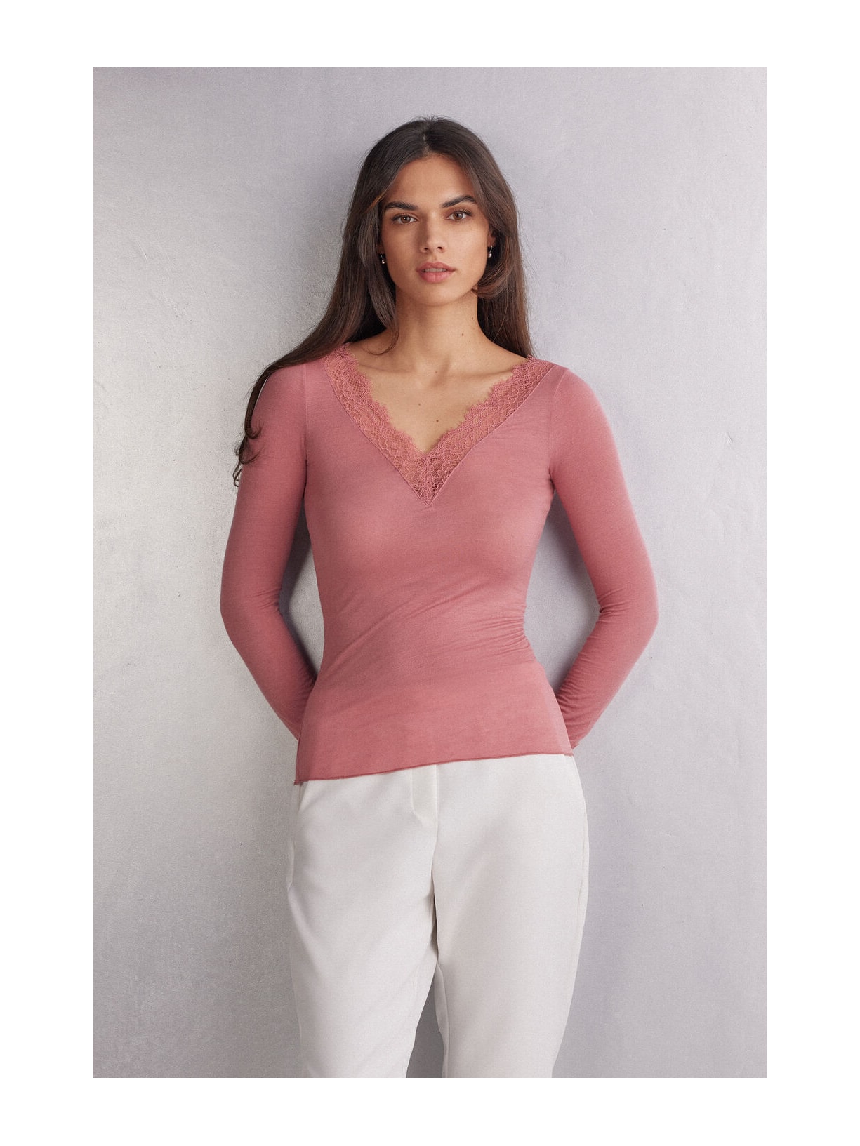 Blusa Manga Comprida Em Cashmere Ultraleve e Renda Rosa Intimissimi