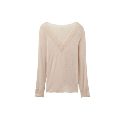 Blusa Manga Comprida Em Cashmere Ultralight e Renda - Bege