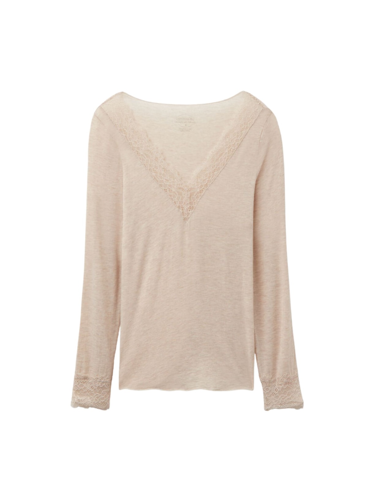 Blusa Manga Comprida Em Cashmere Ultralight e Renda - Bege