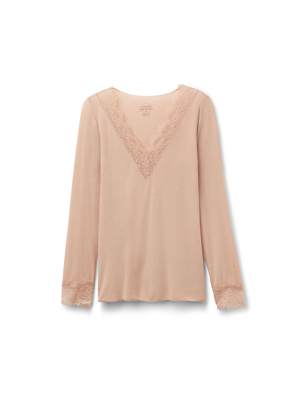 Blusa Manga Comprida Em Cashmere Ultralight e Renda - Bege