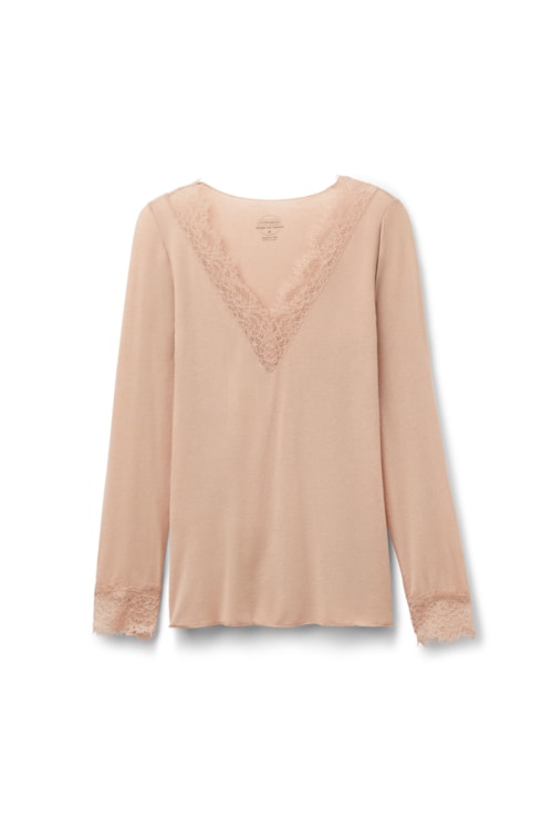 Blusa Manga Comprida Em Cashmere Ultralight e Renda - Bege