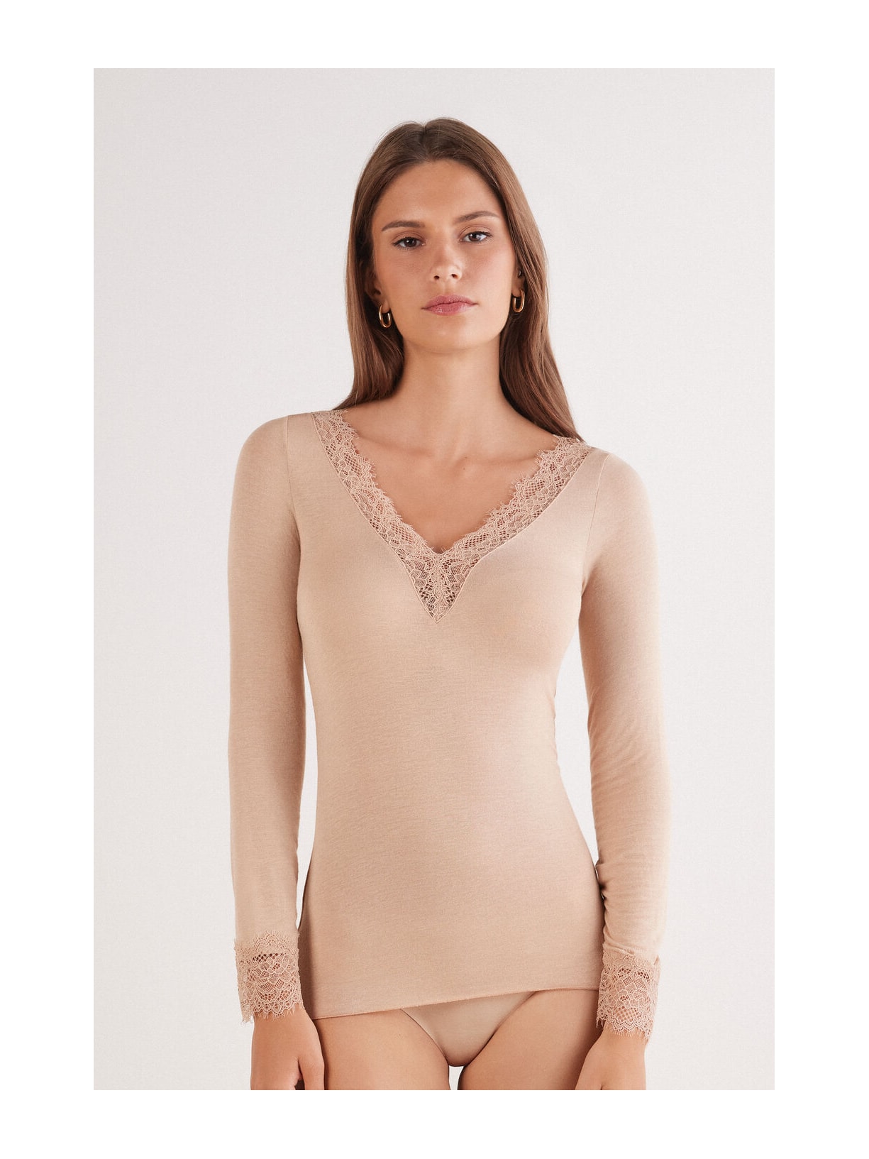 Blusa Manga Comprida Em Cashmere Ultralight e Renda Bege Intimissimi
