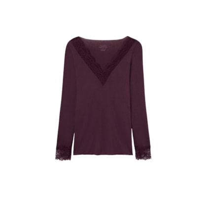 Blusa Manga Comprida Em Cashmere Ultralight e Renda - Bordô