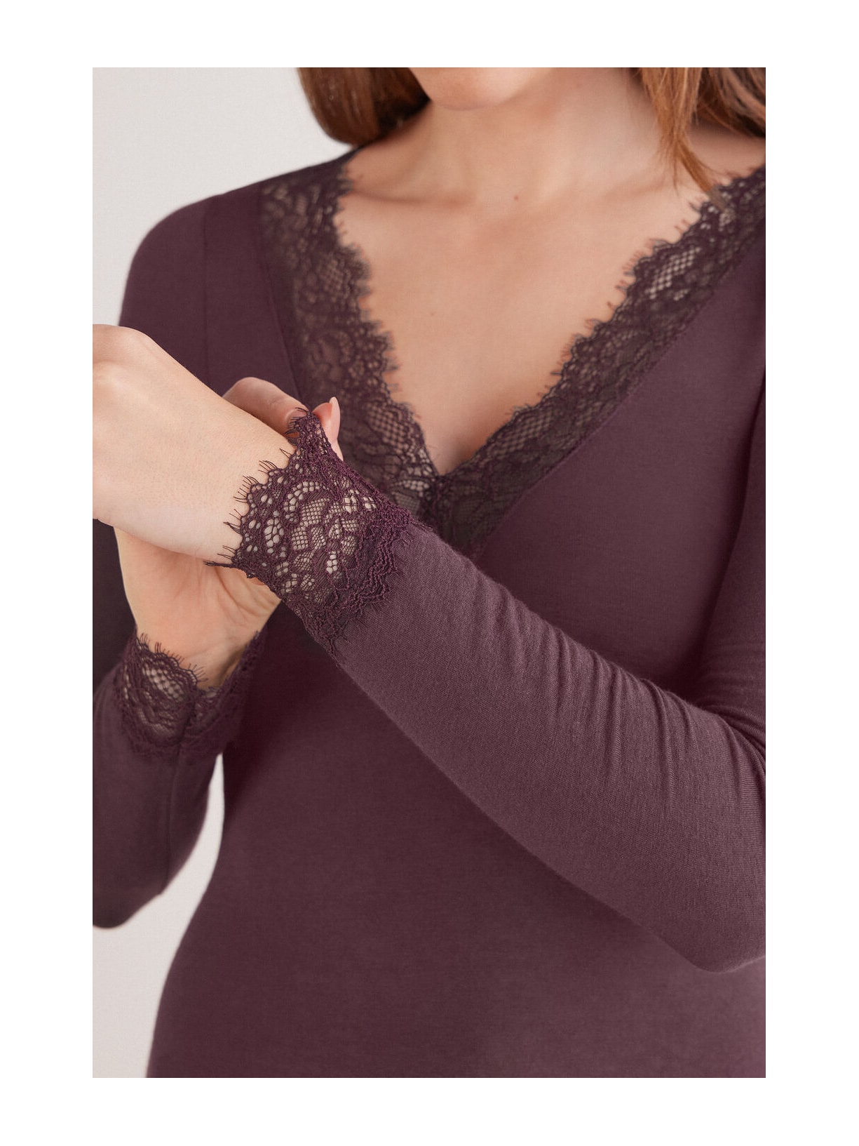 Blusa Manga Comprida Em Cashmere Ultralight e Renda Bordô Intimissimi