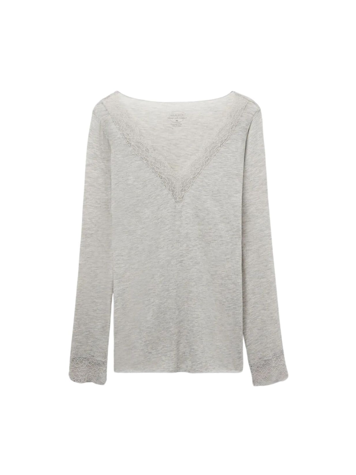 Blusa Manga Comprida Em Cashmere Ultralight e Renda - Cinza