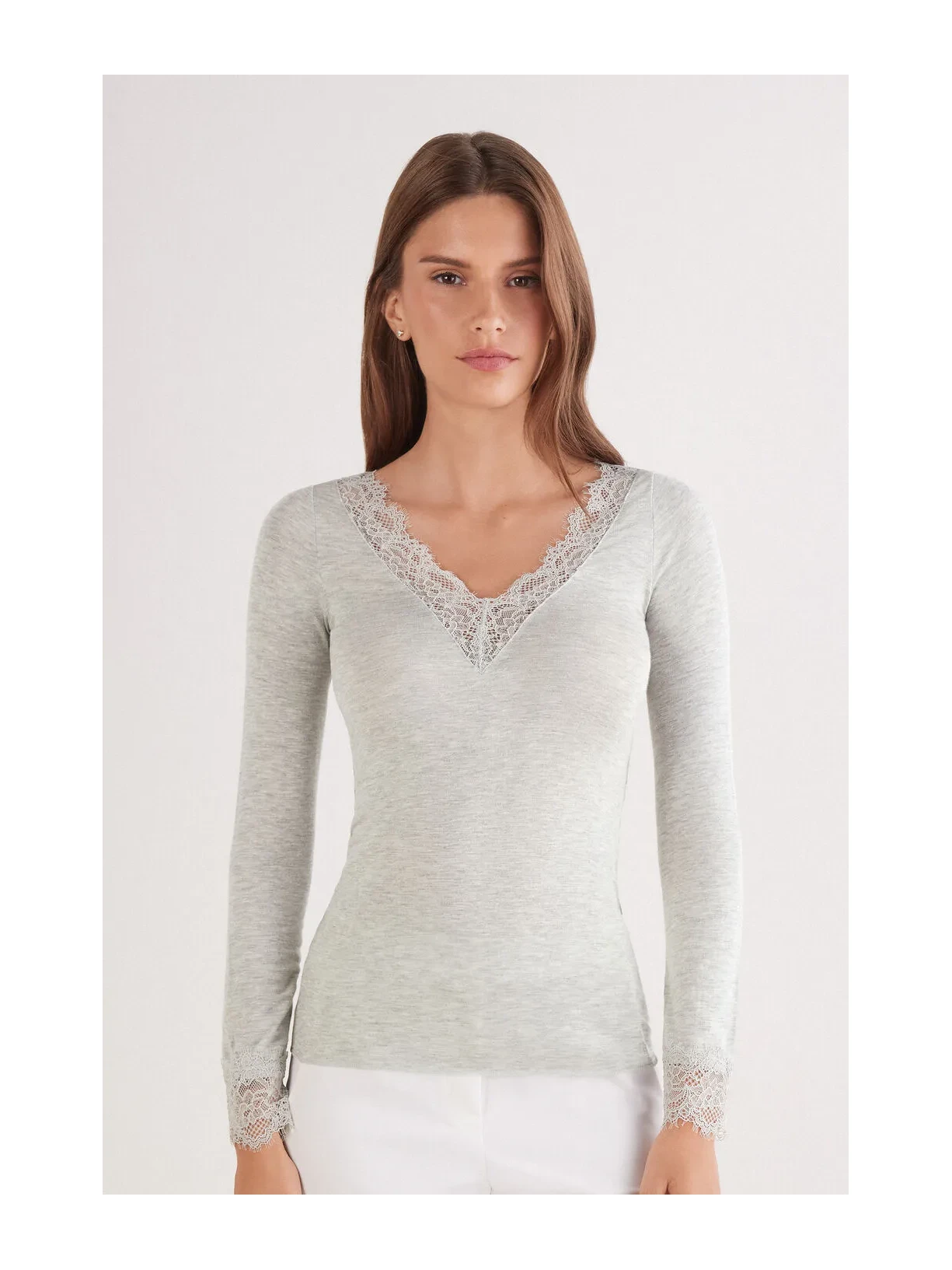 Blusa Manga Comprida Em Cashmere Ultralight e Renda Cinza Intimissimi