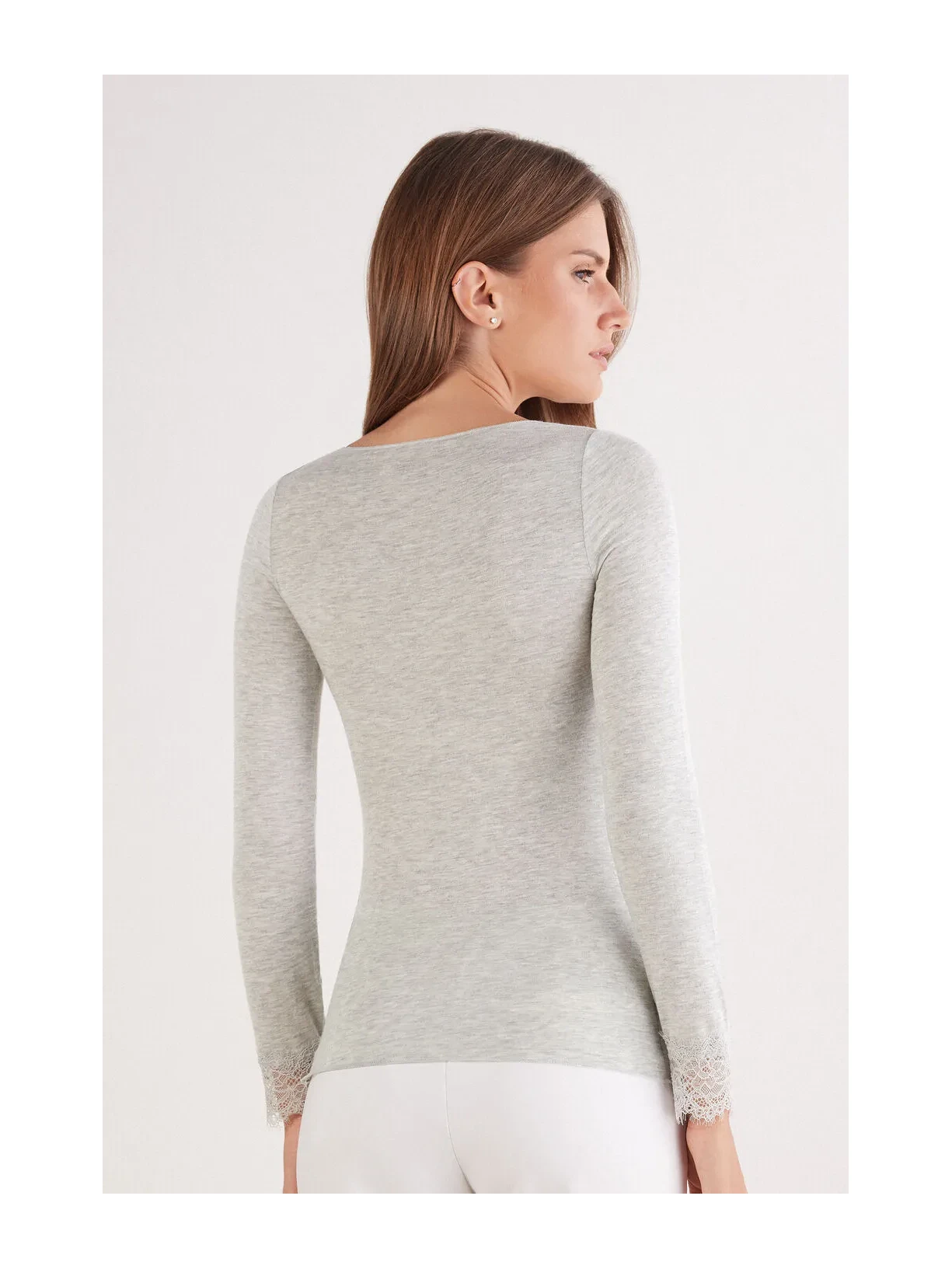 Blusa Manga Comprida Em Cashmere Ultralight e Renda Cinza Intimissimi