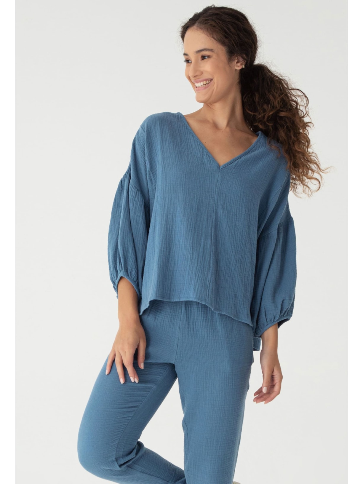 Blusa Manga Gaze Azul Porcelana Cabana Crafts