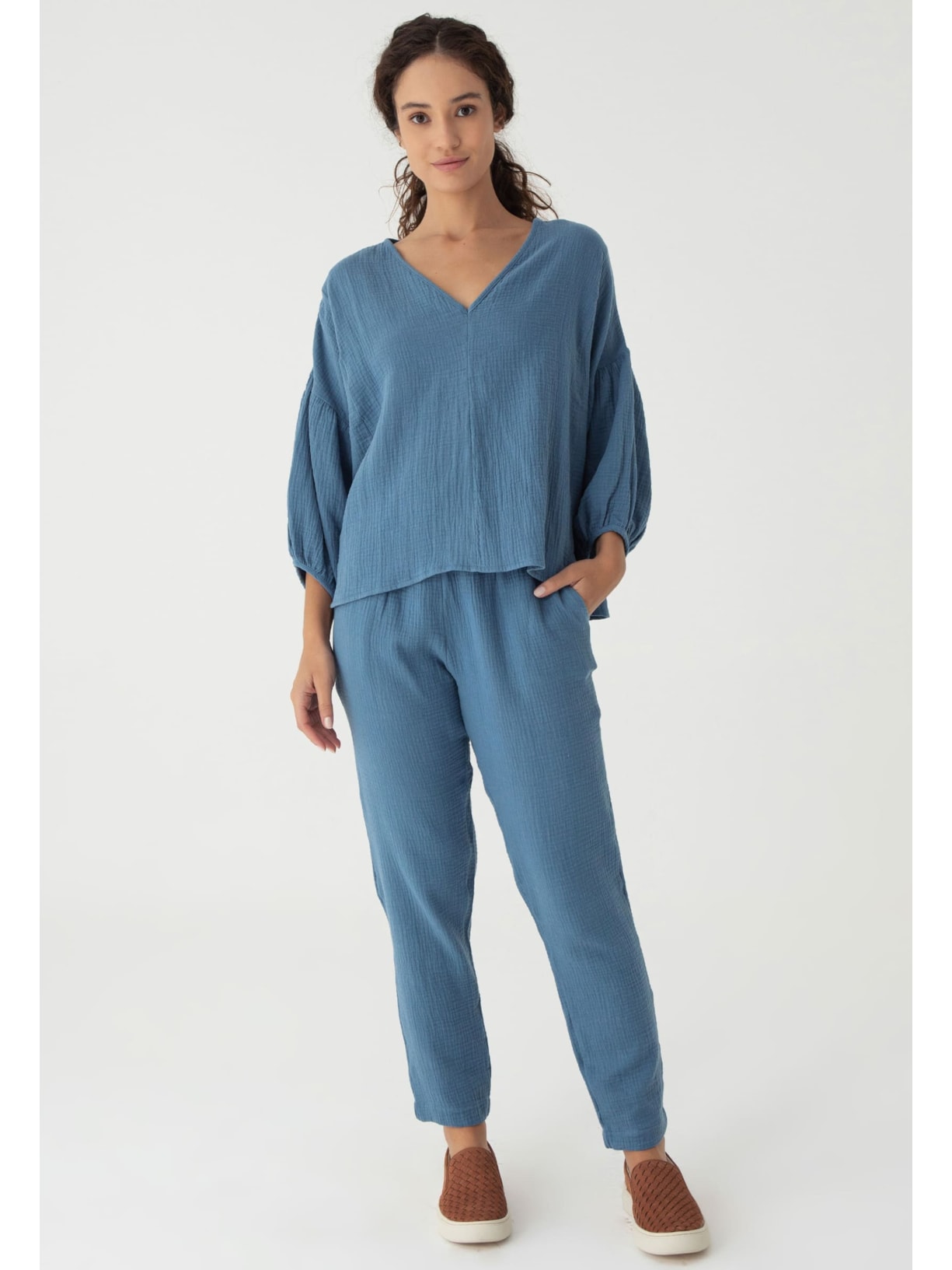 Blusa Manga Gaze Azul Porcelana Cabana Crafts