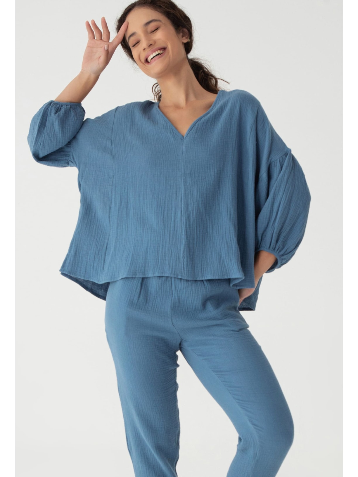 Blusa Manga Gaze Azul Porcelana Cabana Crafts