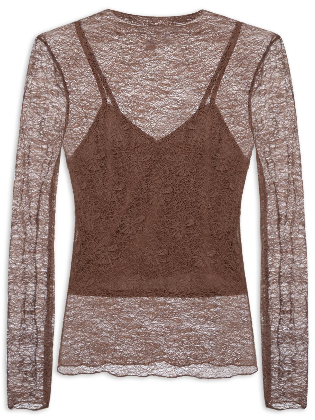 Blusa Manga Longa Feminina em Renda – Marrom