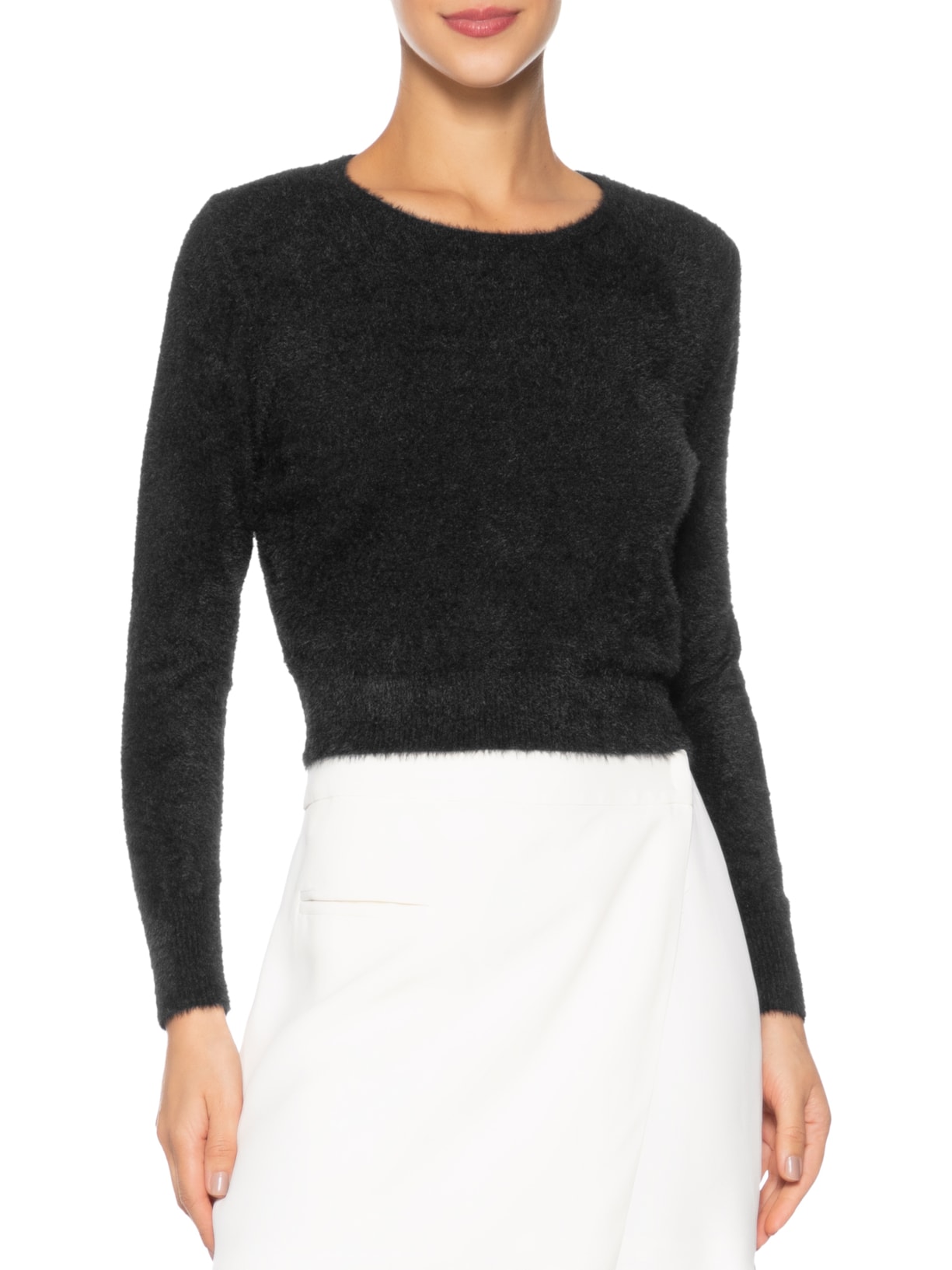 Blusa Manga Longa Feminina Em Tricot Peluciado Preto  Market 33