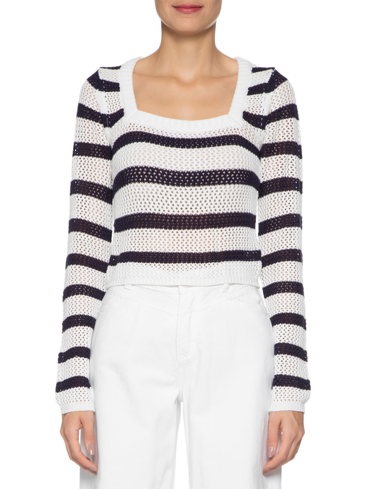 Blusa Manga Longa Feminina Tricot Listrada Branco '2Essential