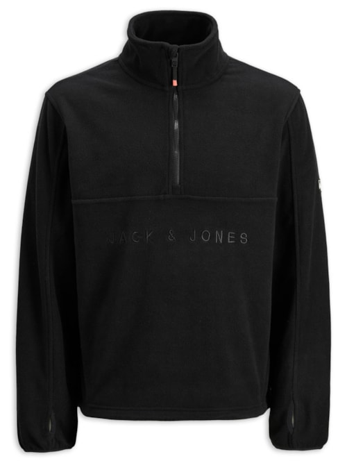 Blusa Masculina Em Fleece Leve Com Zíper e Bordado Marca - Preto