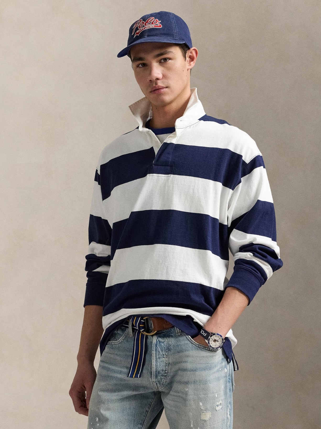 Blusa Masculina Manga Longa Big Fit Striped Rugby Branco Polo Ralph Lauren