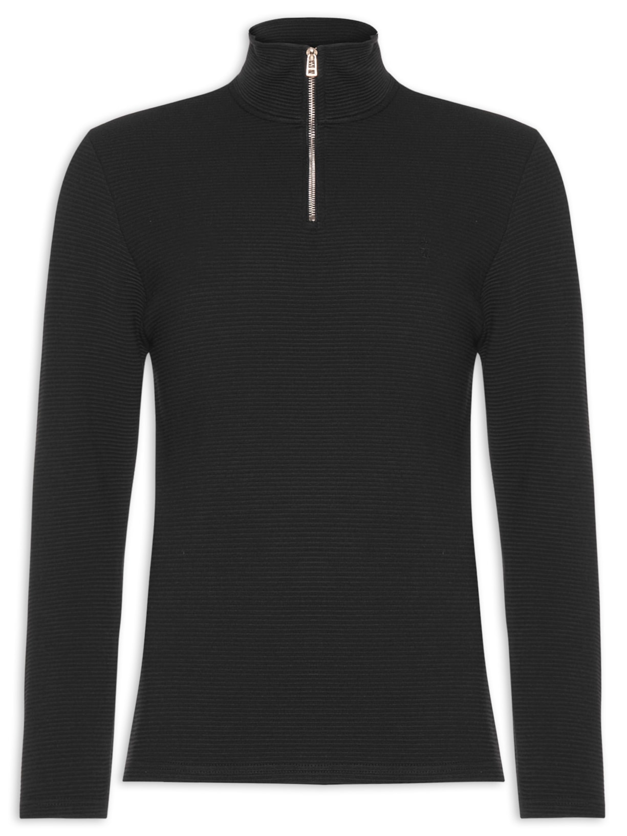 Blusa Masculina Moletom Canelado Liso Gola Alta Half Zip - Preto
