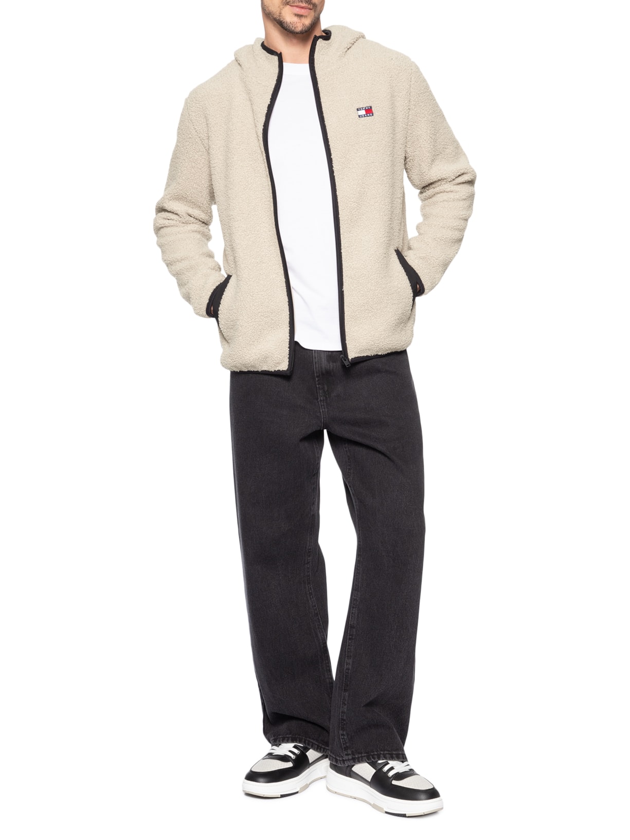 Blusa Masculina Regular Fit Badge Teddy Em Fleece Bege Tommy Jeans