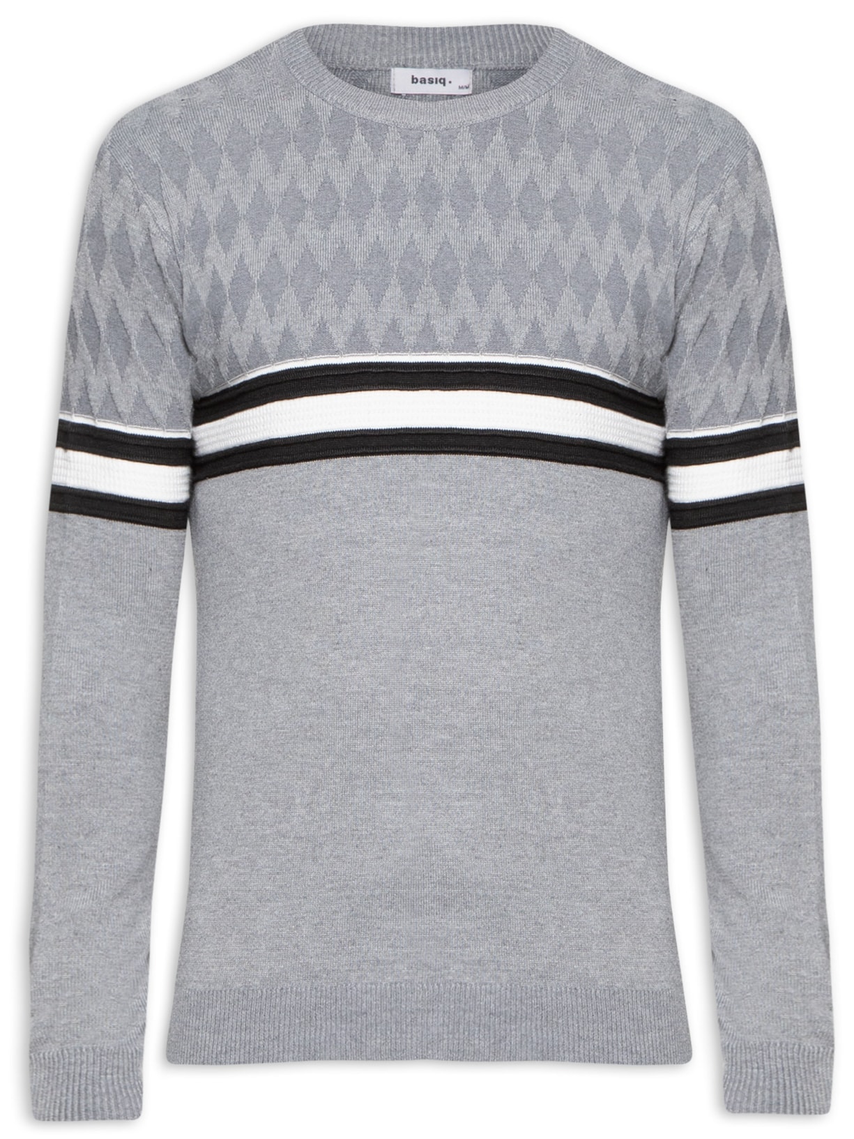 Blusa Masculina Tricot Listra Gola Redonda - Cinza