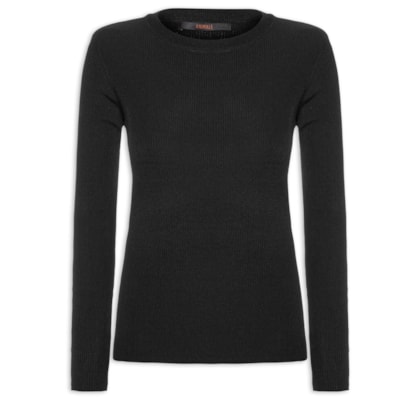 Blusa Ml Tricot Básico Canelado - Preto