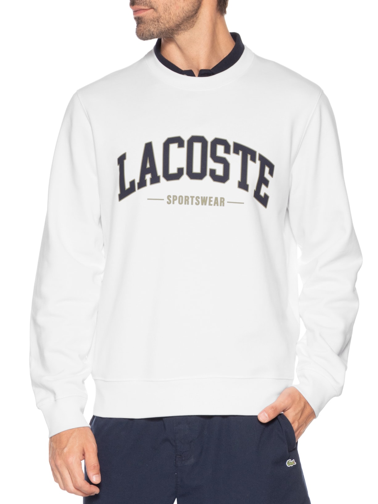 Blusa Moletom Masculina Gola Careca Sem Capuz Branco Lacoste
