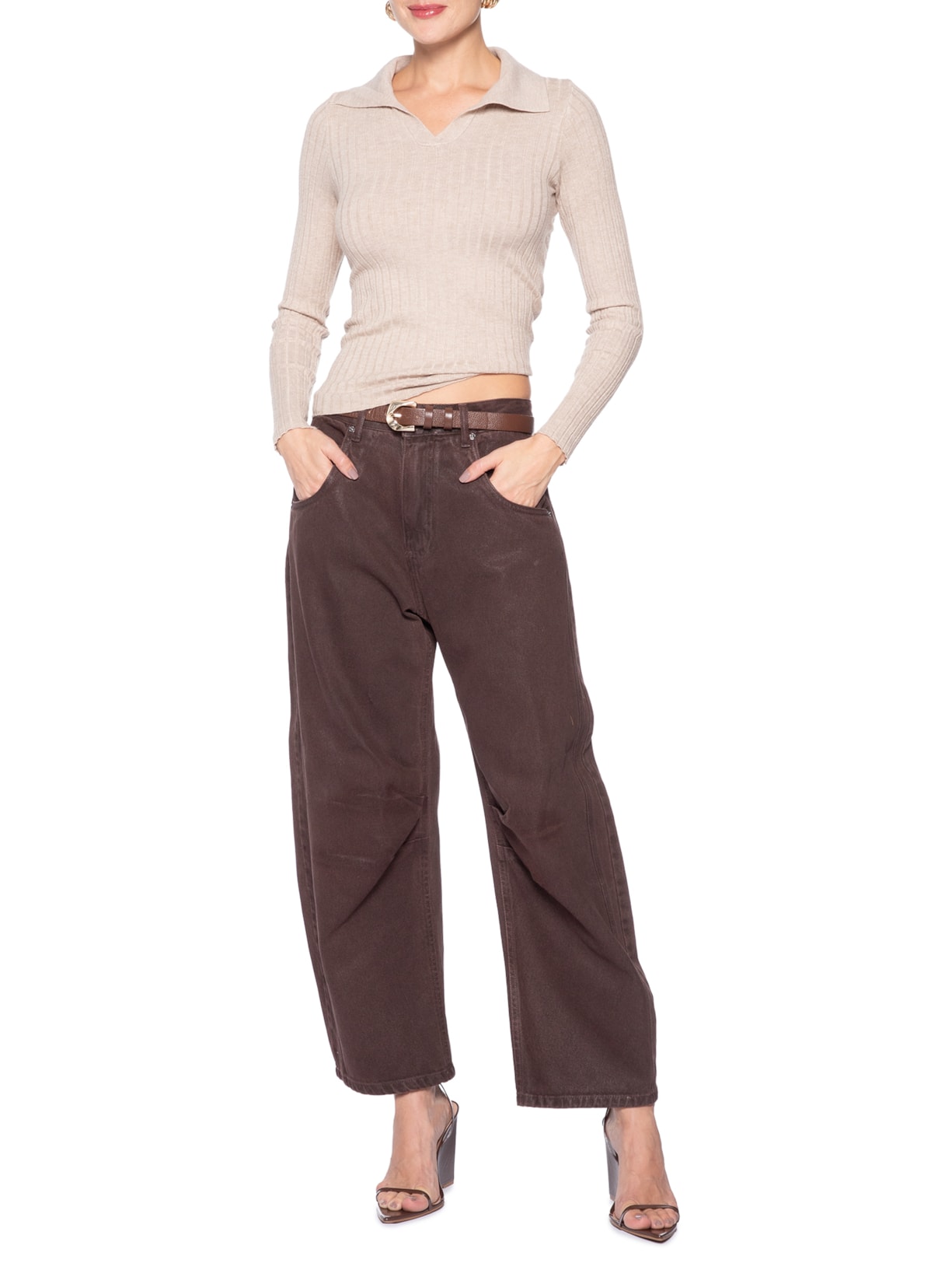 Blusa Polo Feminina Em Tricot Bege Market 33