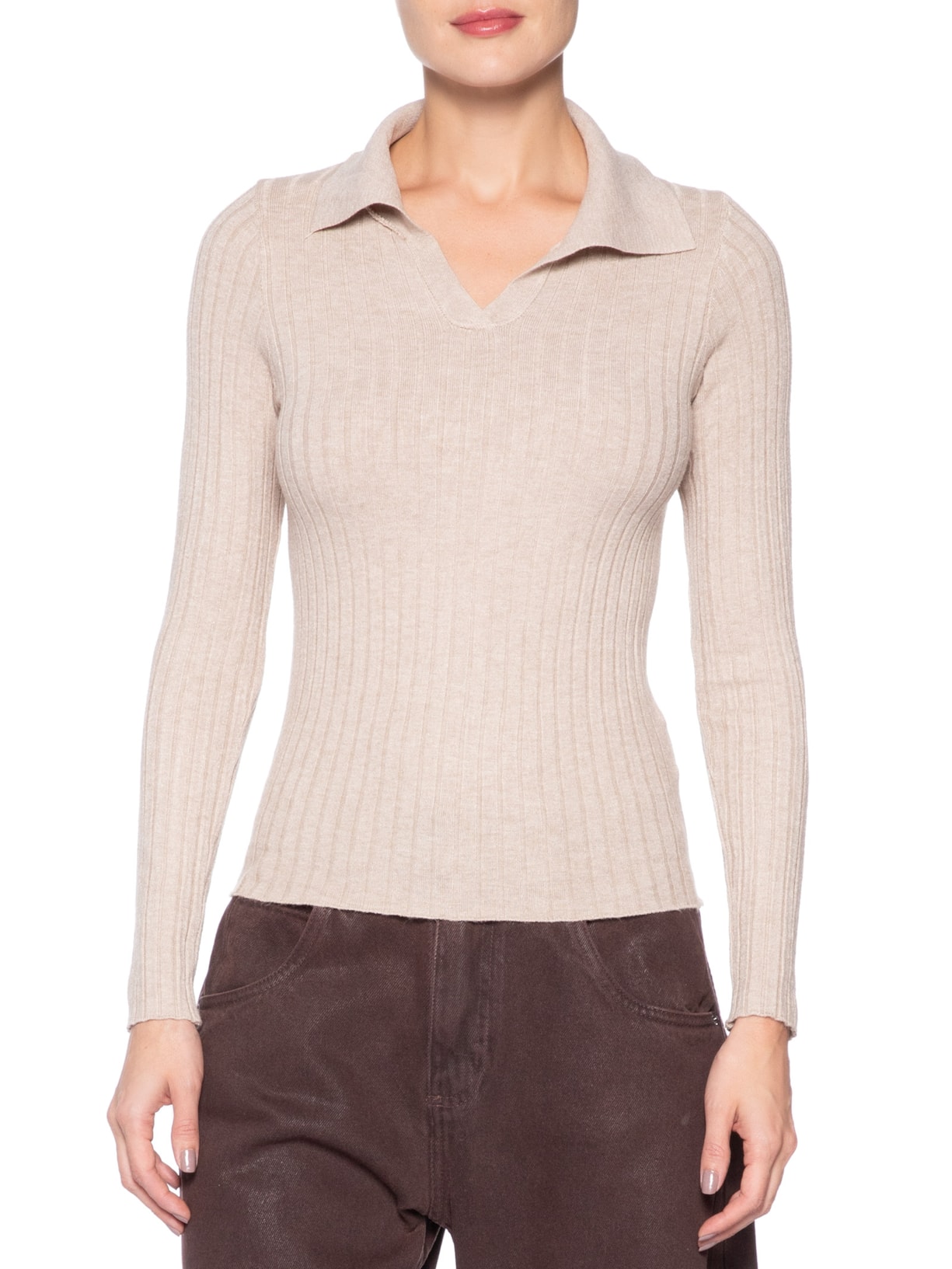 Blusa Polo Feminina Em Tricot Bege Market 33