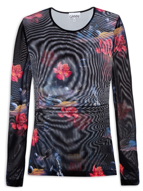 Blusa Printed Mesh Gathered - Preto