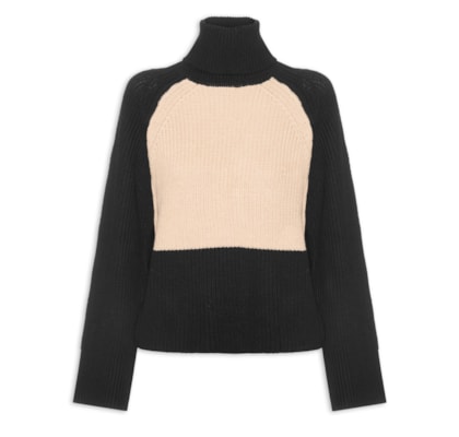 Blusão Feminino De Tricot Pull Bicolor Gola Alta - Preto