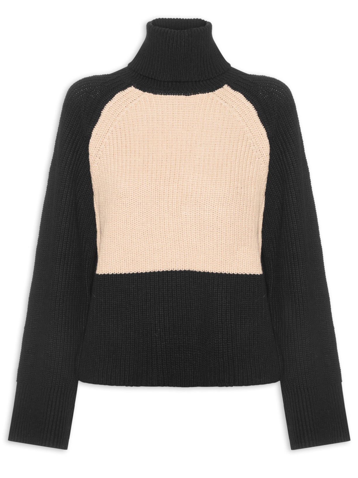 Blusão Feminino De Tricot Pull Bicolor Gola Alta - Preto