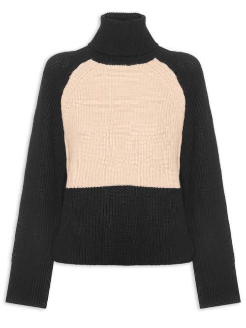 Blusão Feminino De Tricot Pull Bicolor Gola Alta - Preto