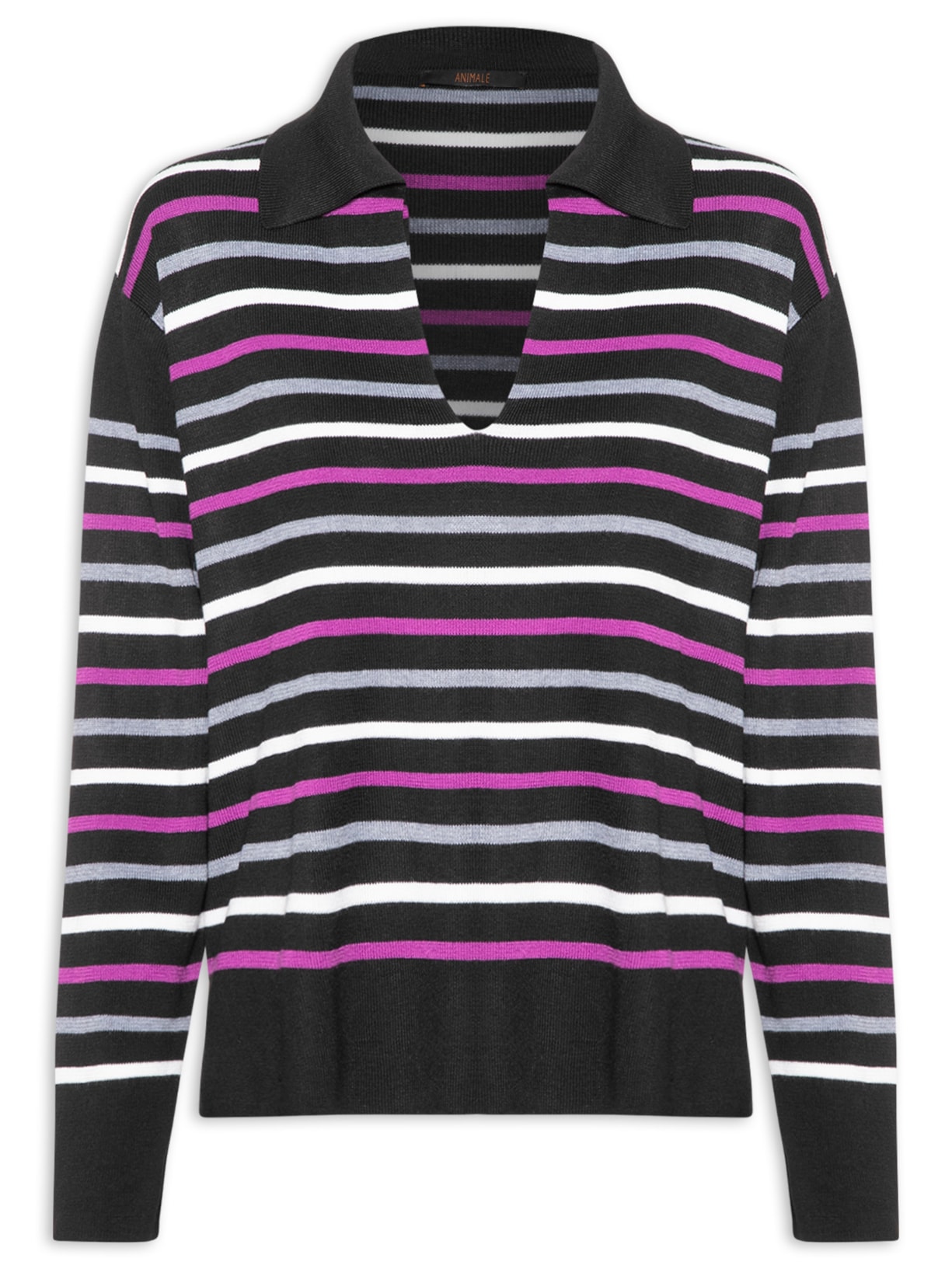 Blusão Feminino De Tricot Pull Listrado Com Decote Polo - Preto