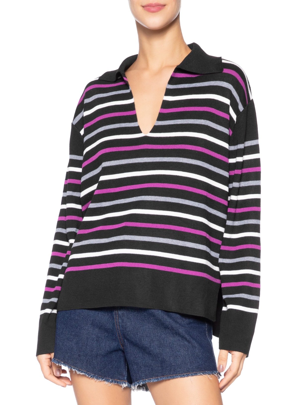 Blusão Feminino De Tricot Pull Listrado Com Decote Polo Preto Animale