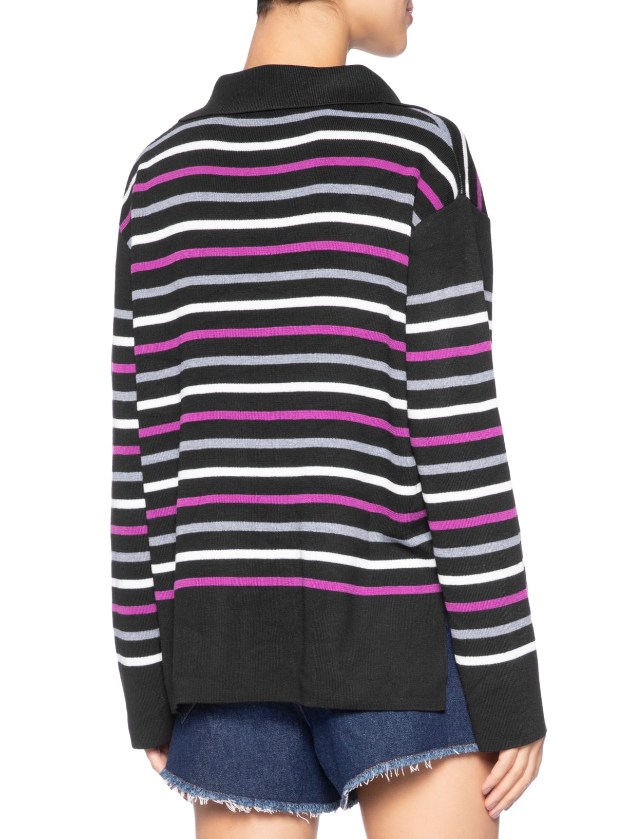 Blusão Feminino De Tricot Pull Listrado Com Decote Polo Preto Animale