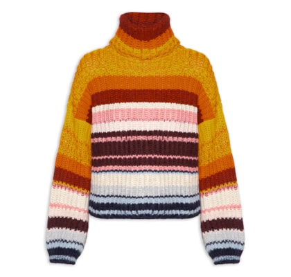 Blusão Feminino De Tricot Pull Listras Colors - Laranja